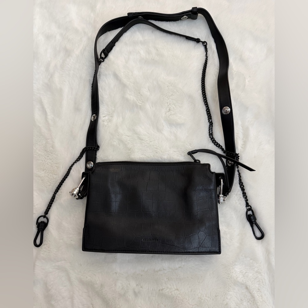 AllSaints Fletcher Leather Crossbody Bag Black Croc-Embossed Leather Crossbody - Picture 5 of 6